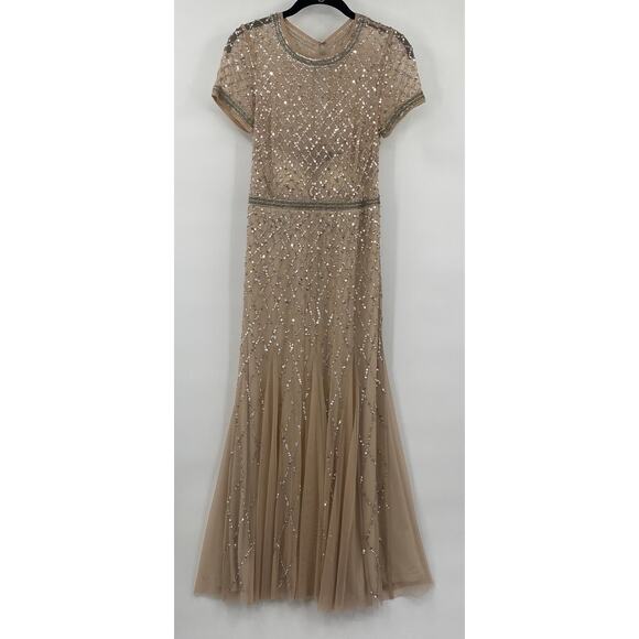Adrianna Papell Gown Beaded Mesh Diamond Pattern Short Sleeve Champagne 6 Petite - Picture 3 of 16